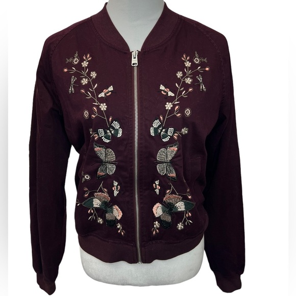 Express Jackets & Blazers - Express Burgundy Embroidered Bomber Jacket